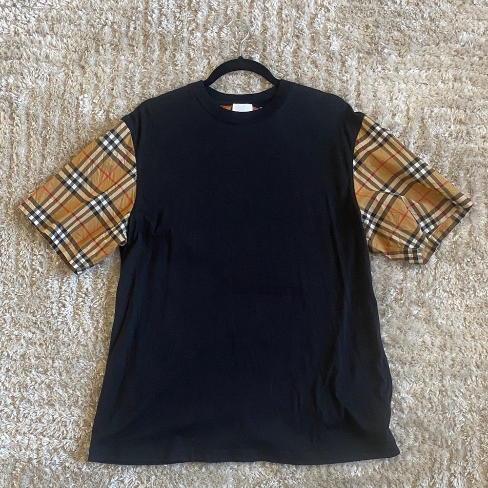 Burberry Black Tee with Plaid Sleeves